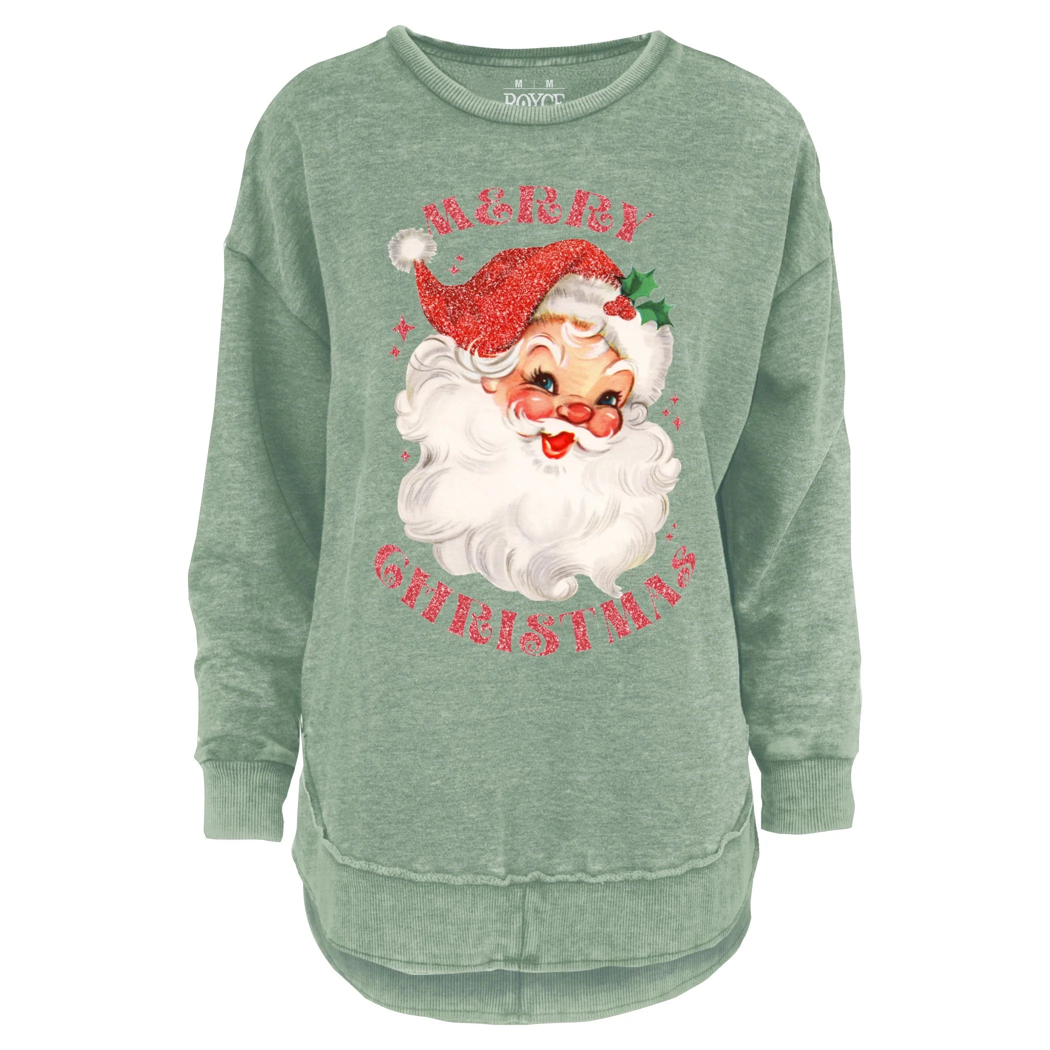 GLITTER SANTA LONG SLEEVE TEE - SAGE GREEN