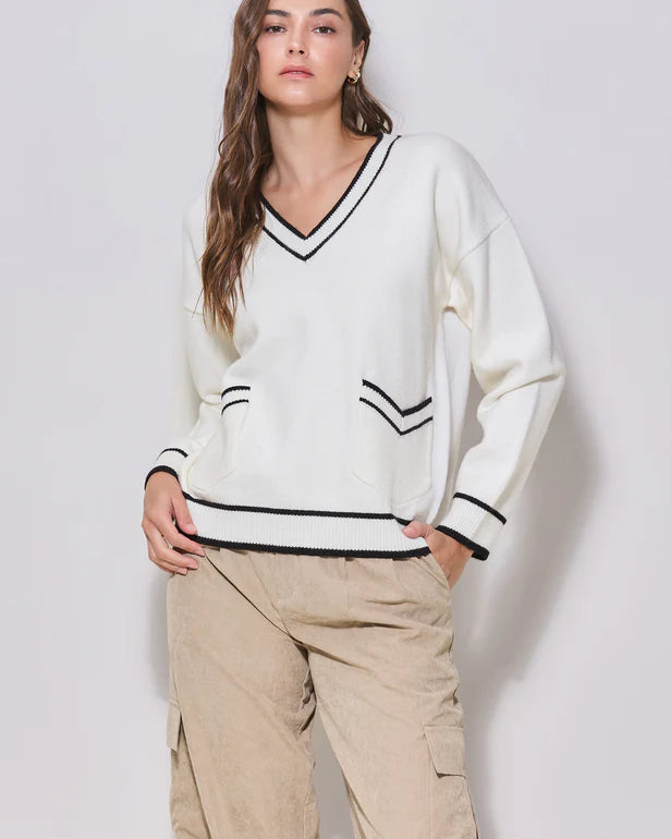 IVORY V-NECK SWEATER W/BLACK CONTRAST TRIM