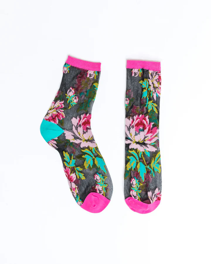 SOCK CANDY - ENGLISH ROSE BLACK SHEER CREW SOCK
