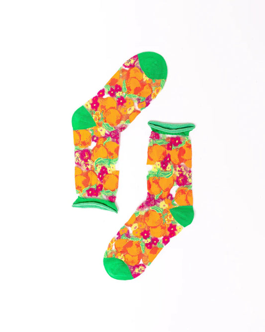 SOCK CANDY - ORANGE FLORAL SHEER CREW SOCK