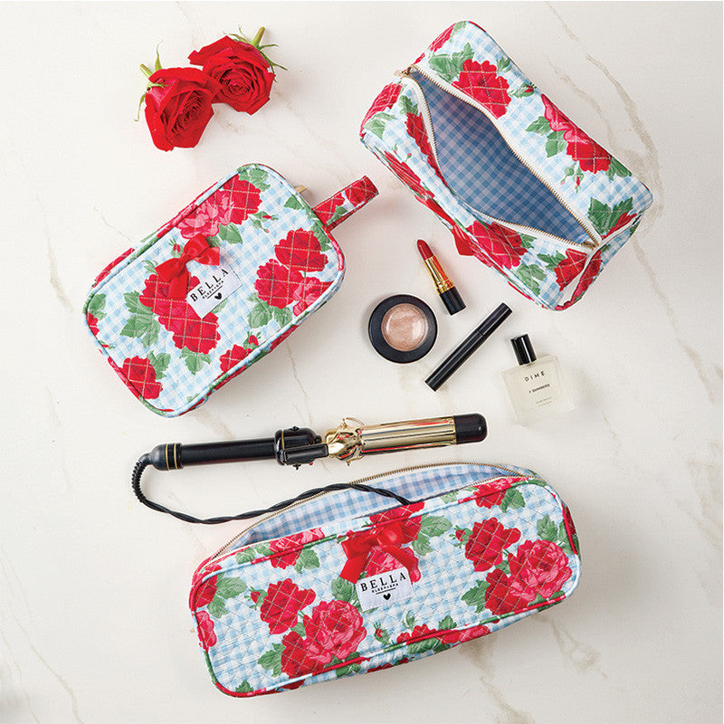 QUILTED HAIR TOOL BAG - ROSES AND BLUE GINGHAM