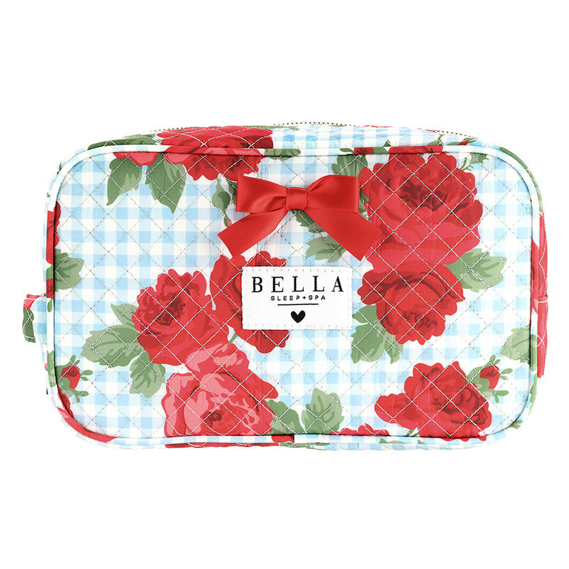 QUILTED COSMETIC BAG - ROSES AND BLUE GINGHAM