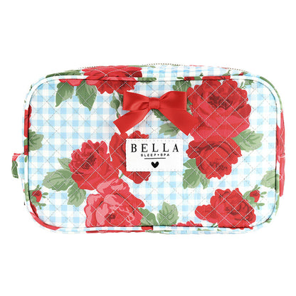 QUILTED COSMETIC BAG - ROSES AND BLUE GINGHAM