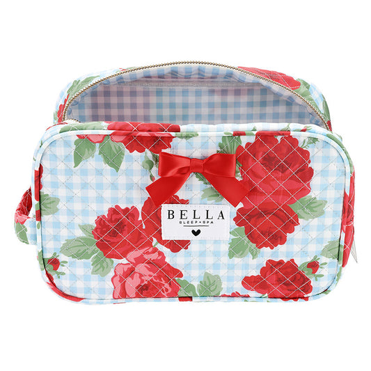 QUILTED COSMETIC BAG - ROSES AND BLUE GINGHAM