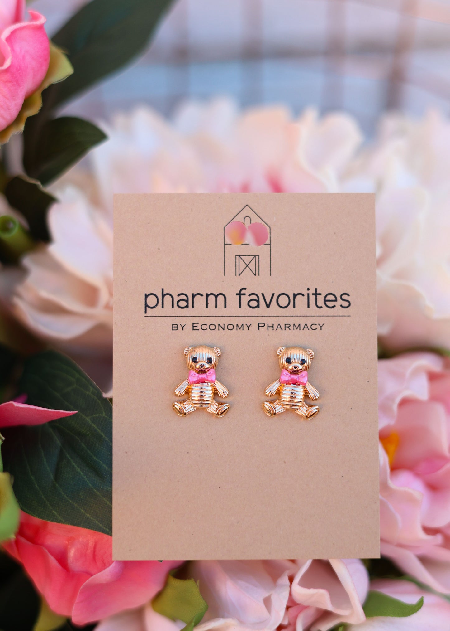 GOLD TEDDY BEAR W/PINK BOW STUD EARRINGS