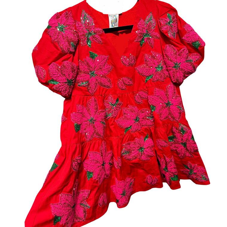 Red Poinsettia Poof Sleeve Metallic Dress