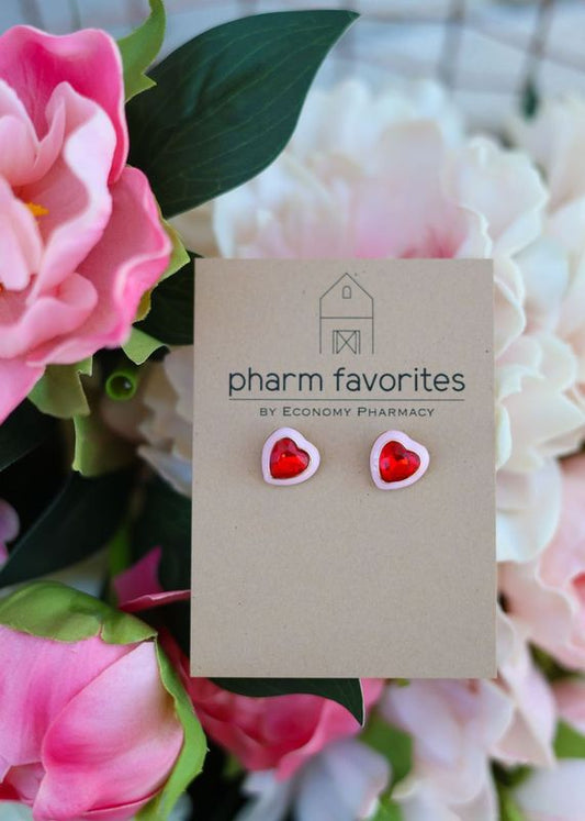 PINK HEART STUD EARRINGS W/RED CRYSTAL INLAY