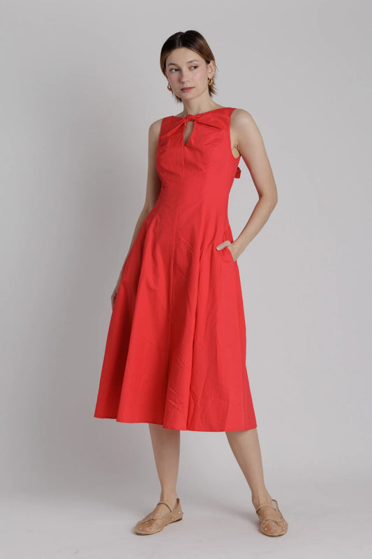 RED POPLIN KEYHOLE MINI DRESS