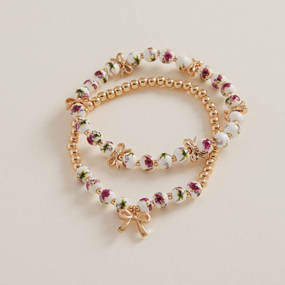 Ceramic Beads Metal Ribbon 2 Set Stretch Bracelet