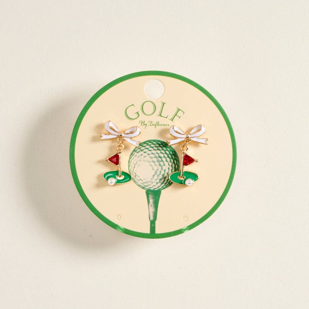 ENAMEL GOLF FLAG MARKER RIBBON BOW STONE PEARL EARRINGS