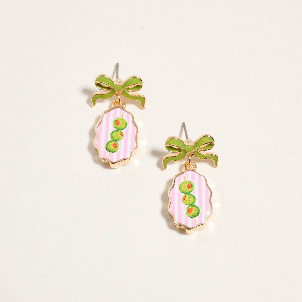 VINTAGE FRUIT PLANT PRINT TILE ENAMEL BOW EARRINGS