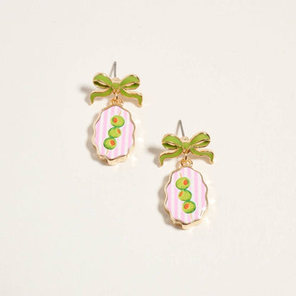 VINTAGE FRUIT PLANT PRINT TILE ENAMEL BOW EARRINGS