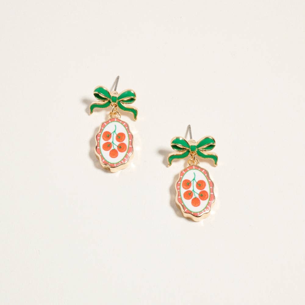 VINTAGE FRUIT PLANT PRINT TILE ENAMEL BOW EARRINGS