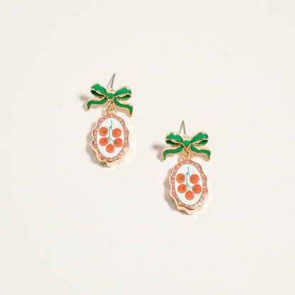VINTAGE FRUIT PLANT PRINT TILE ENAMEL BOW EARRINGS