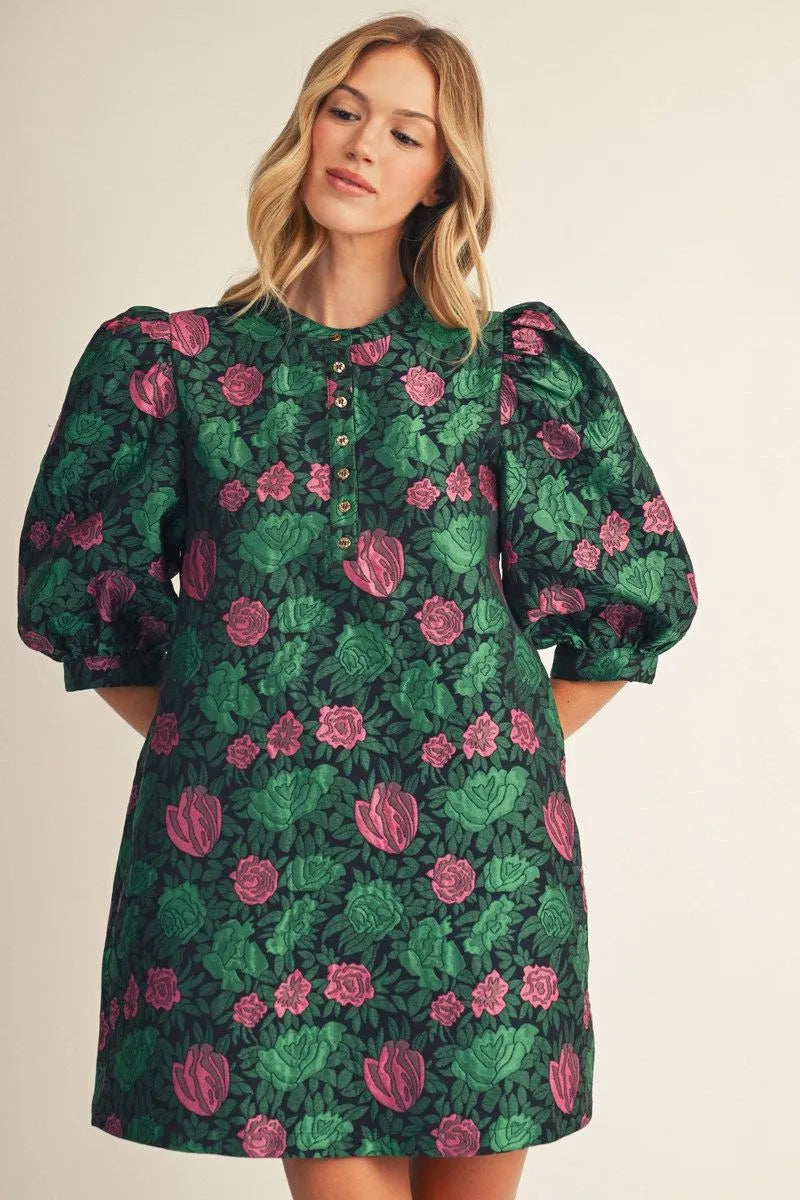 PUFF SLEEVE FLORAL JACQUARD DRESS - NAVY