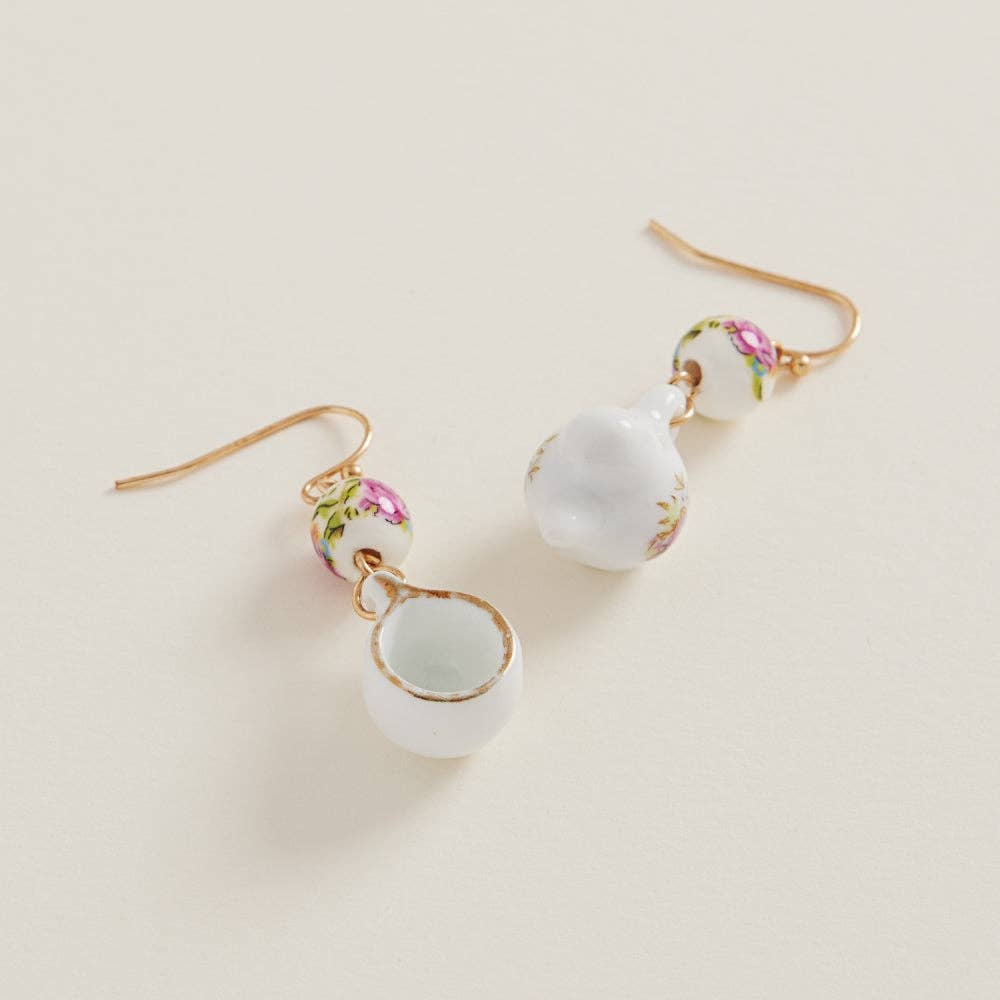 Teapot N Cup Shaped Ceramic Bead Brass Hook Earrings