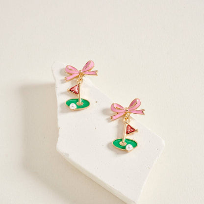 ENAMEL GOLF FLAG MARKER RIBBON BOW STONE PEARL EARRINGS