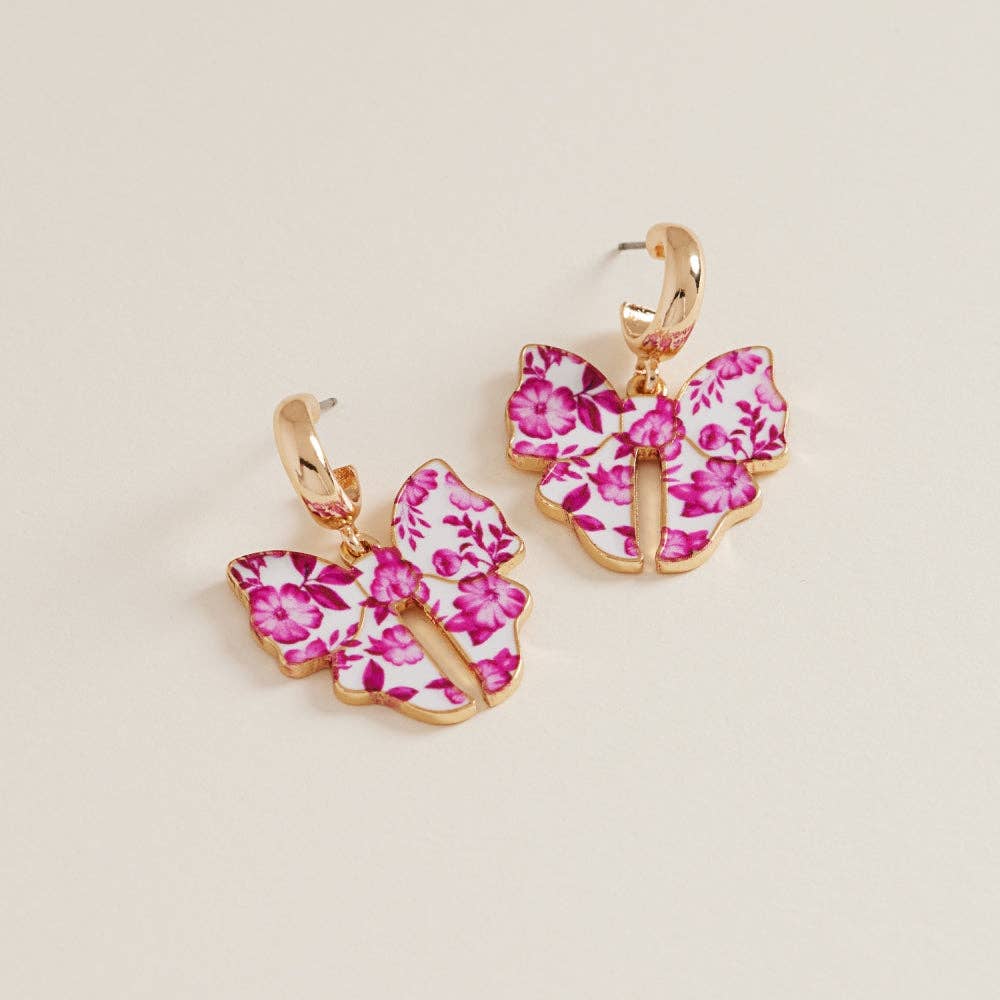 Ceramic Bow Enamel Flower Pattern Hoop Earrings