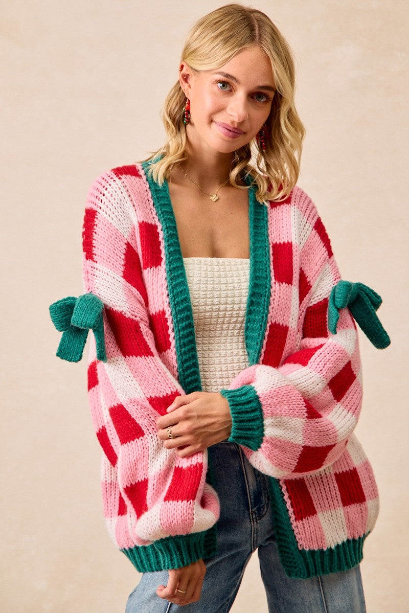 CHRISTMAS THEME OPEN FRONT SWEATER CARDIGAN WITH RIBBON DETAIL