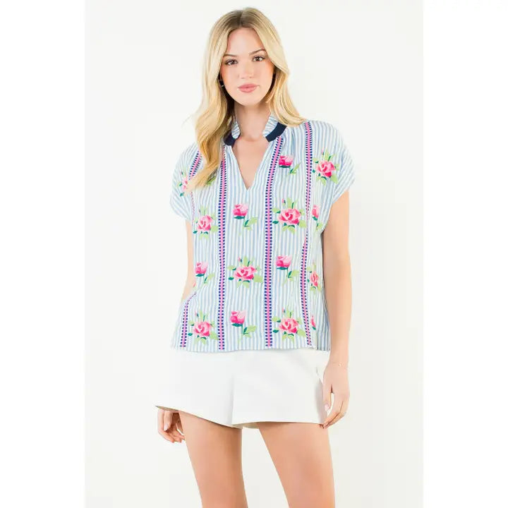 LIGHT BLUE STRIPED EMBROIDERED BLOUSE