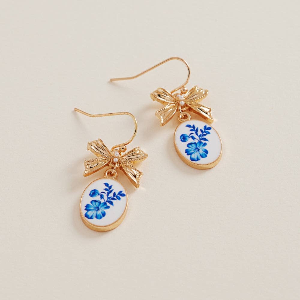 Oval Pattern Enamel Charm Metal Bow Hook Earrings