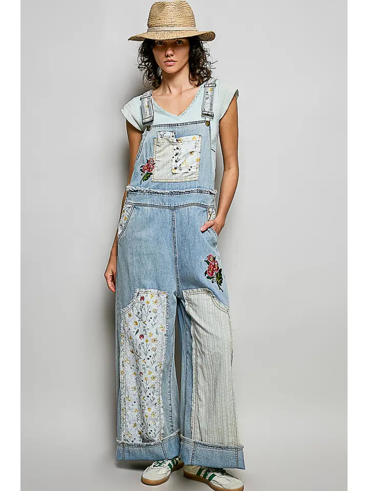EMBROIDERED FLORAL PATCHWORK CROPPED RELAXED WIDE LEG DENIM OVERALLS