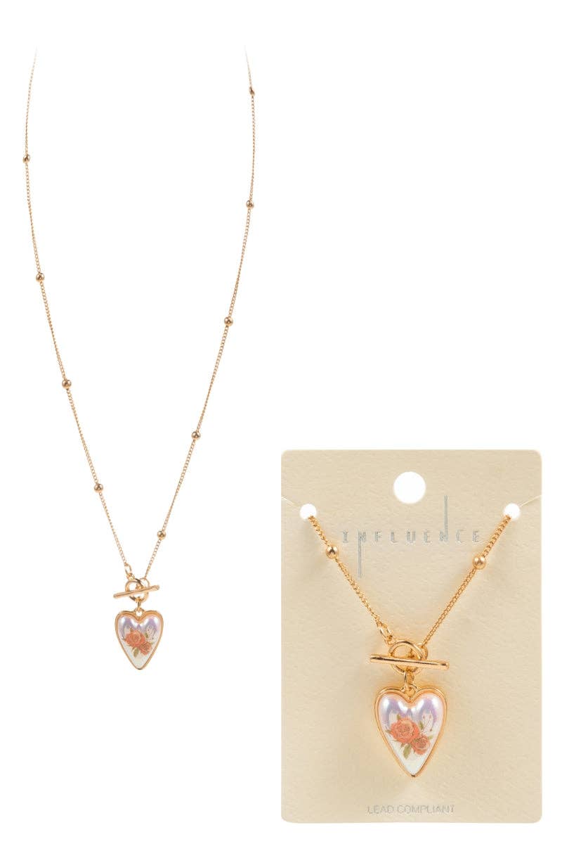 Heart Pearl Flower Print Short Necklace