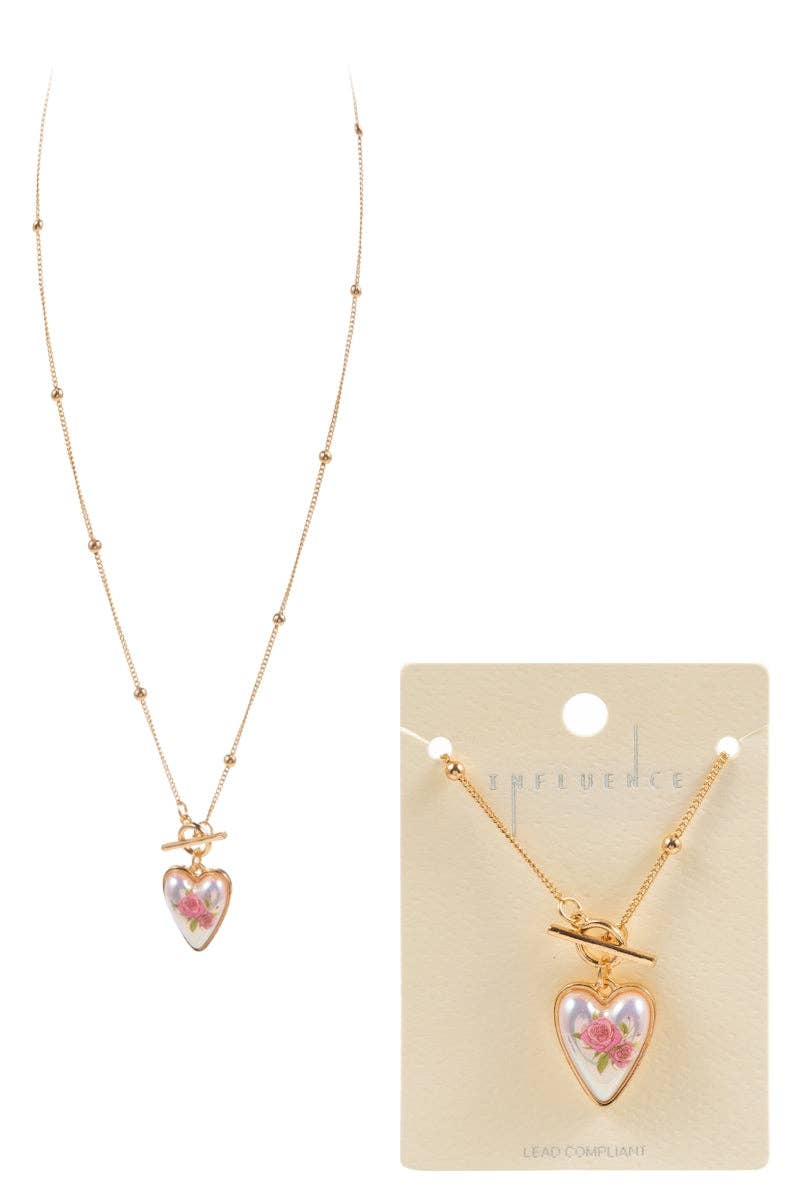 Heart Pearl Flower Print Short Necklace