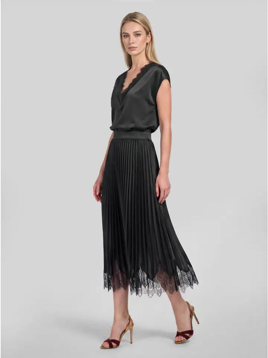 BLACK LACE V-NECK CAP SLEEVE BLOUSE AND PLEATED MIDI SKIRT - 2 PC. SET
