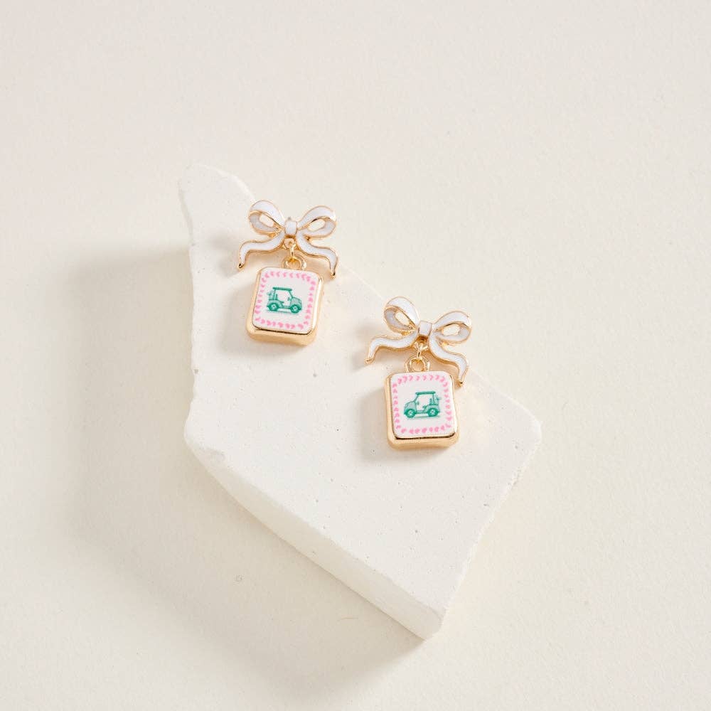 ENAMEL GOLF CART TILE RIBBON POST EARRINGS