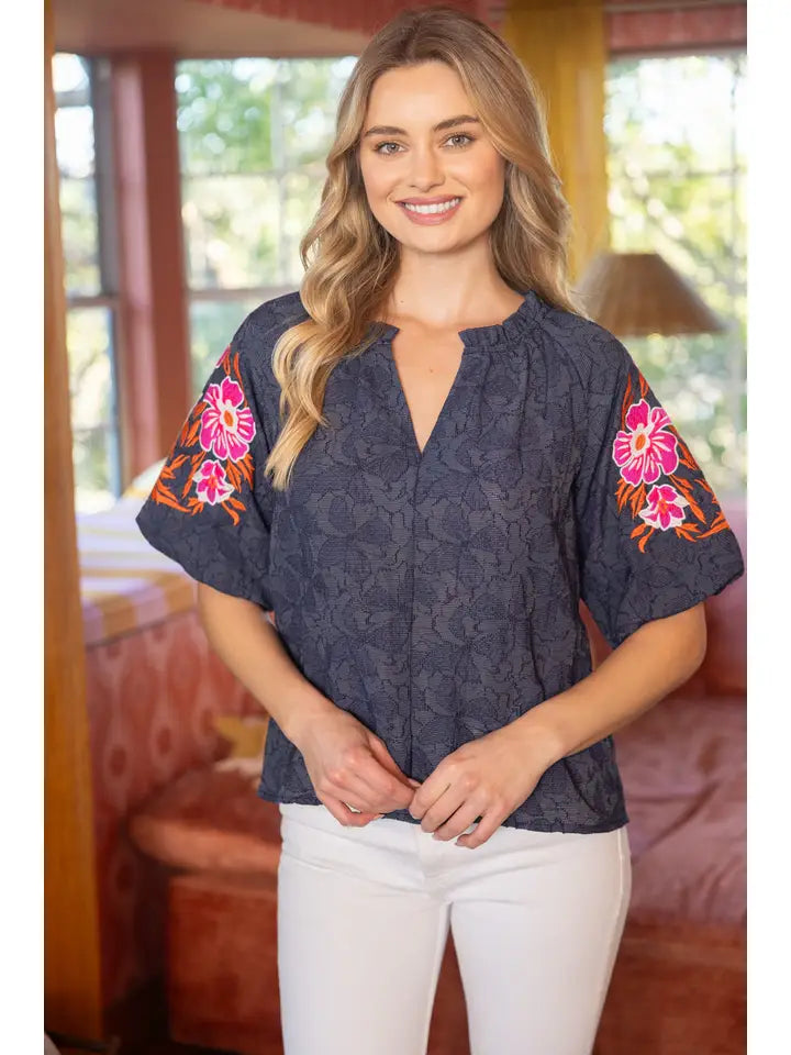 NAVY EMBROIDERED RAGLAN SLEEVE FLORAL TEXTURED BLOUSE