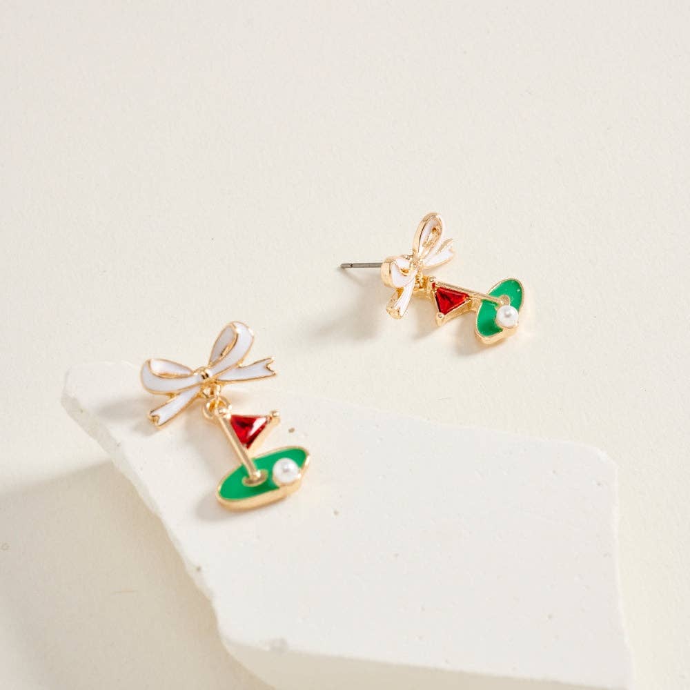 ENAMEL GOLF FLAG MARKER RIBBON BOW STONE PEARL EARRINGS
