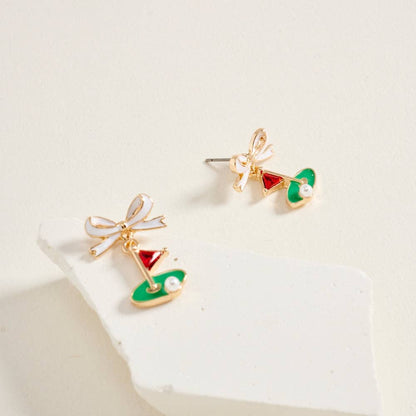 ENAMEL GOLF FLAG MARKER RIBBON BOW STONE PEARL EARRINGS