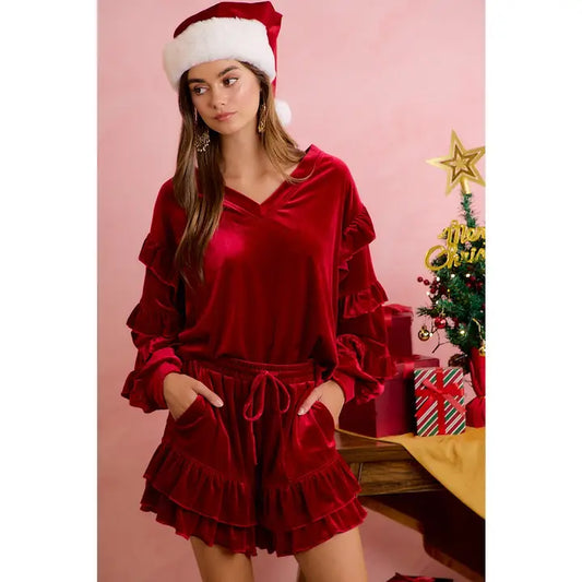 VELVET RUFFLED HEM SHORTS & RUFFLED SLEEVE V-NECK TOP - 2 PC. SET
