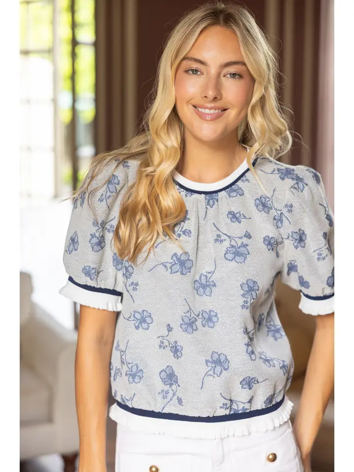 NAVY STRIPE RIBBED KNIT BAND FLORAL TEXTURED TOP