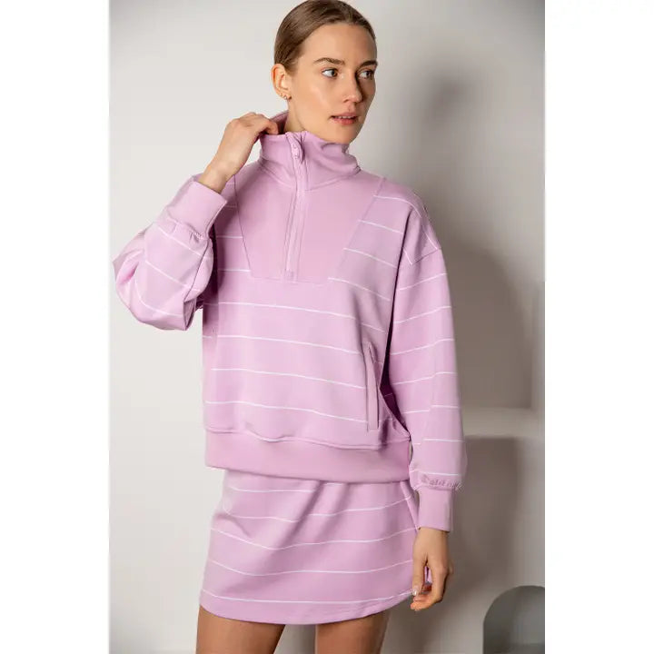 SPAN STRIPE QUARTER ZIP MOCK NECK PULLOVER - BLOSSOM/CREAM
