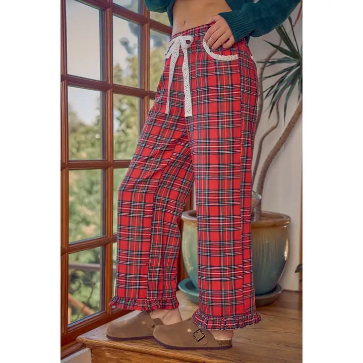 RED TARTAN PLAID RUFFLED BOTTOM DETAIL WITH LACE TRIM PANTS