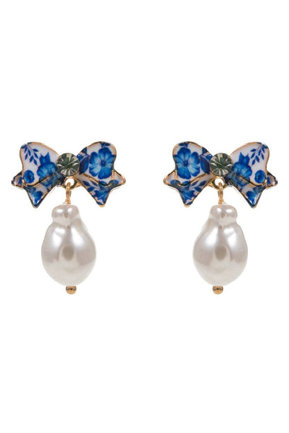 Flower Enamel Bow W Organic Pearl Post Earrings