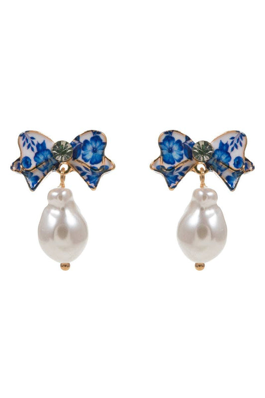 Flower Enamel Bow W Organic Pearl Post Earrings