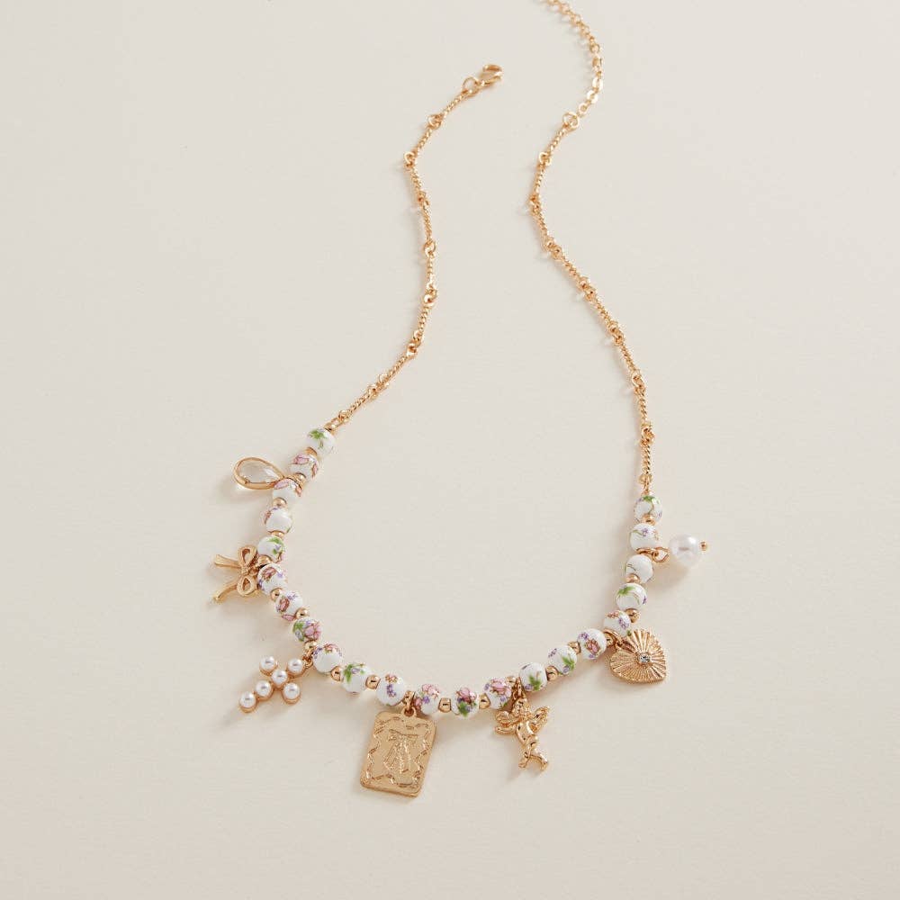 Mixed Metal Charms W Ceramic Beads Short Necklace