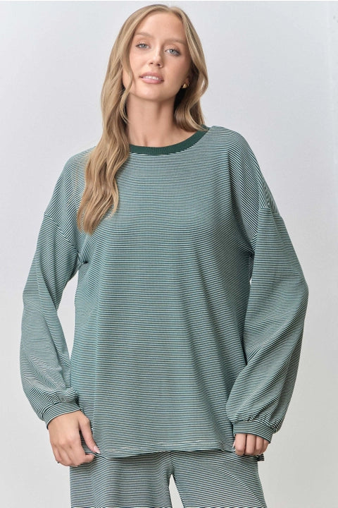 HUNTER GREEN & IVORY MICRO STRIPED 2PC LONG SLEEVE TOP & PANT SET