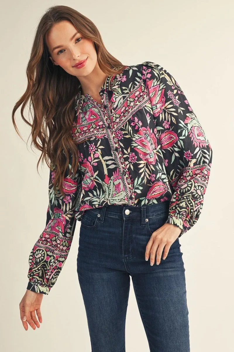 BUTTON DOWN FLORAL BOHO BLOUSE - BLACK