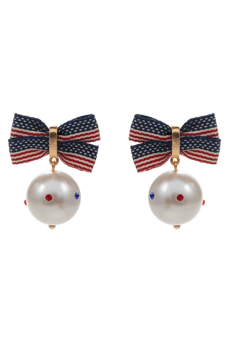 Ribbon American Flag W Pearl Chain Post Earrings