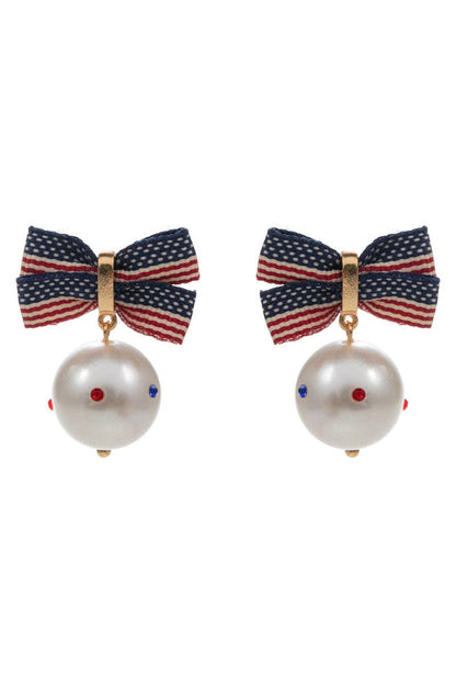 Ribbon American Flag W Pearl Chain Post Earrings