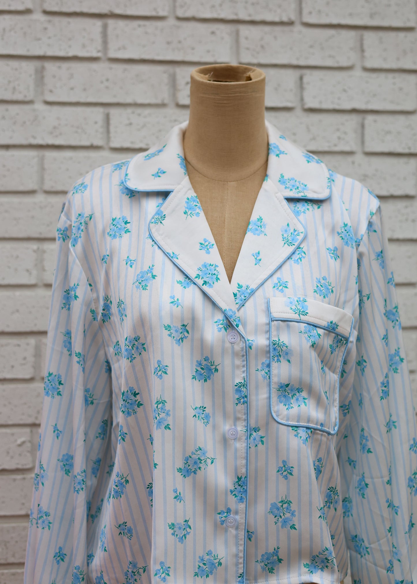 SATIN 2PC PJS- BLUE STRIPE & FLORAL