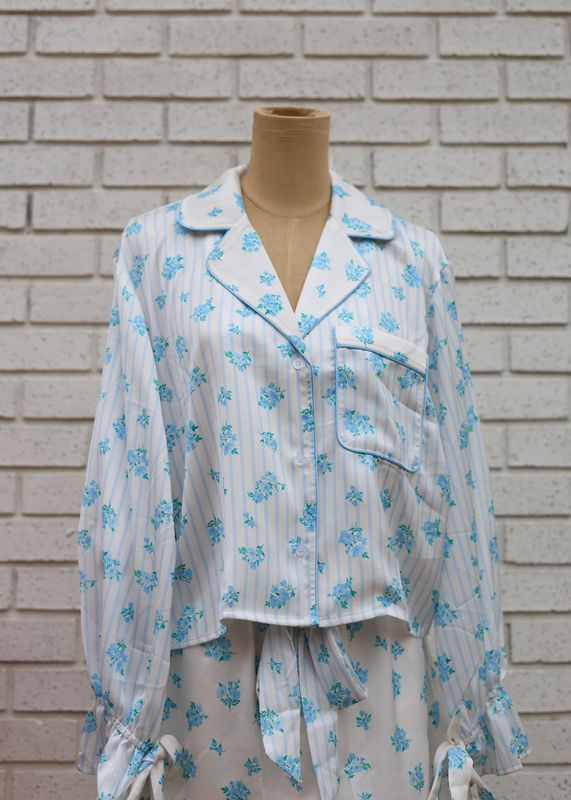 SATIN 2PC PJS- BLUE STRIPE & FLORAL