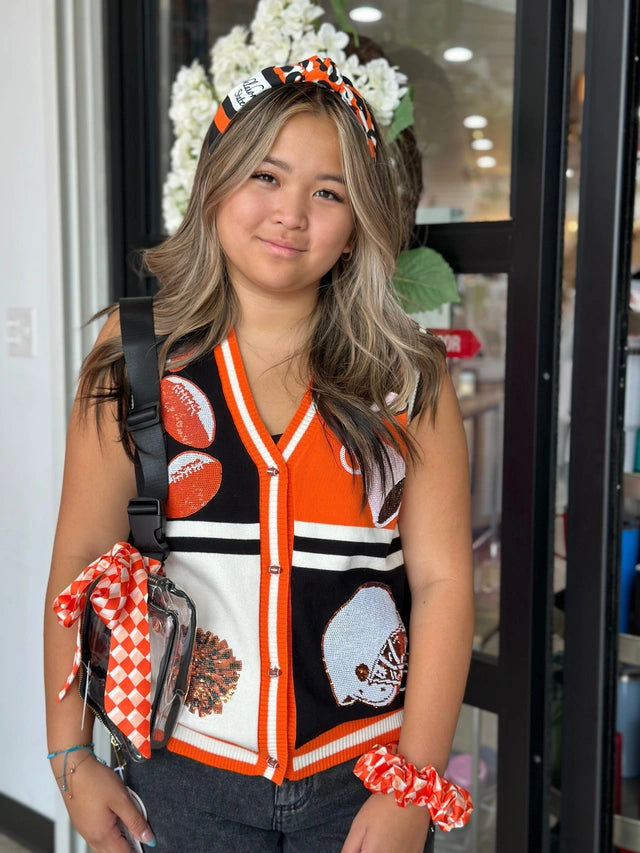 BLACK & ORANGE COLORBLOCK FOOTBALL ICON BUTTON UP SWEATER VEST