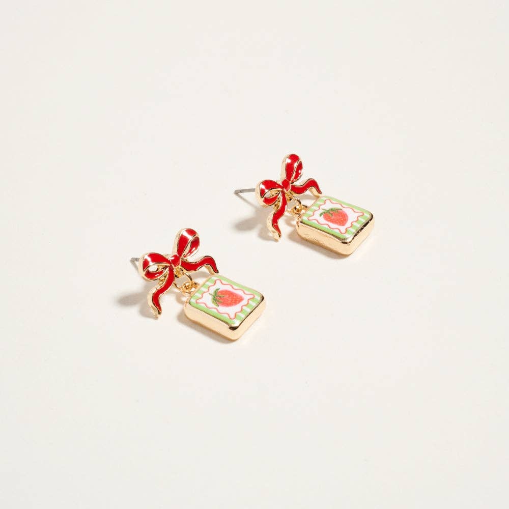 VINTAGE FRUIT PLANT PRINT TILE ENAMEL BOW EARRINGS