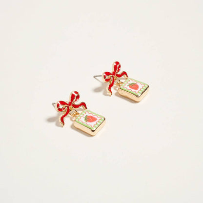 VINTAGE FRUIT PLANT PRINT TILE ENAMEL BOW EARRINGS