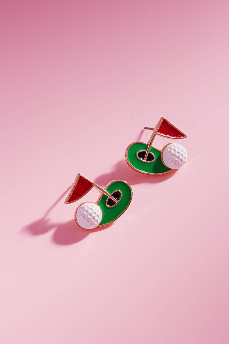 GAME DAY GOLF BALL AND FLAG ENAMEL POST EARRINGS